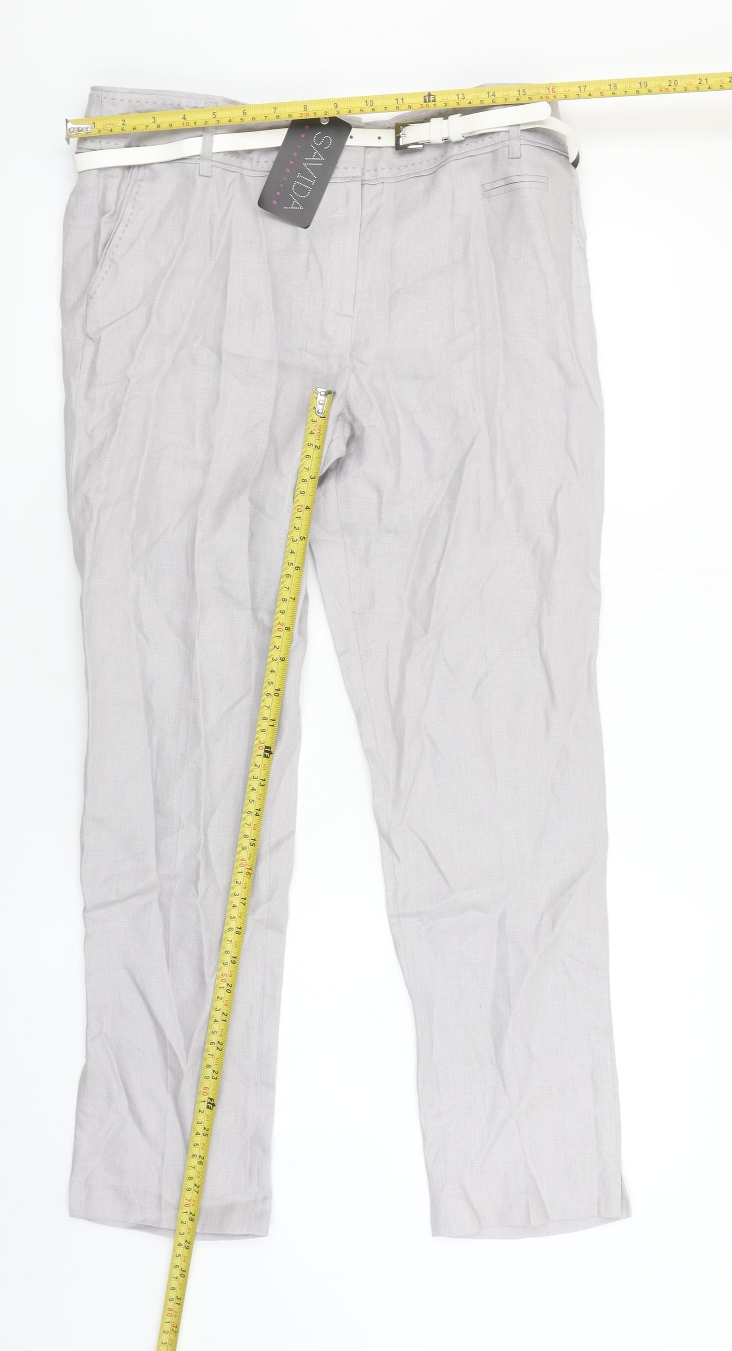 Savida Womens Grey Linen Chino Trousers Size 12 Belted Lightweight