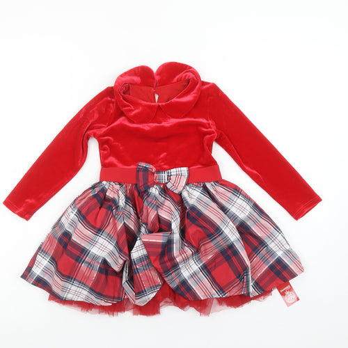 Dunnes Stores Girls Red Velvet Check Bow Fit & Flare Christmas Dress 18-24 Months