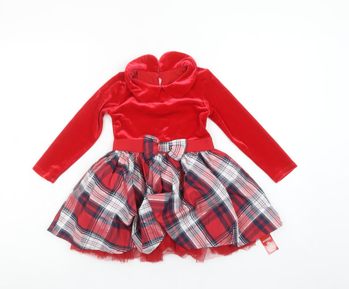 Dunnes Stores Girls Red Velvet Check Bow Fit & Flare Christmas Dress 18-24 Months