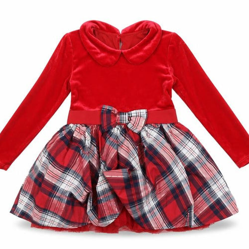 Dunnes Stores Girls Red Velvet Check Bow Fit & Flare Christmas Dress 18-24 Months