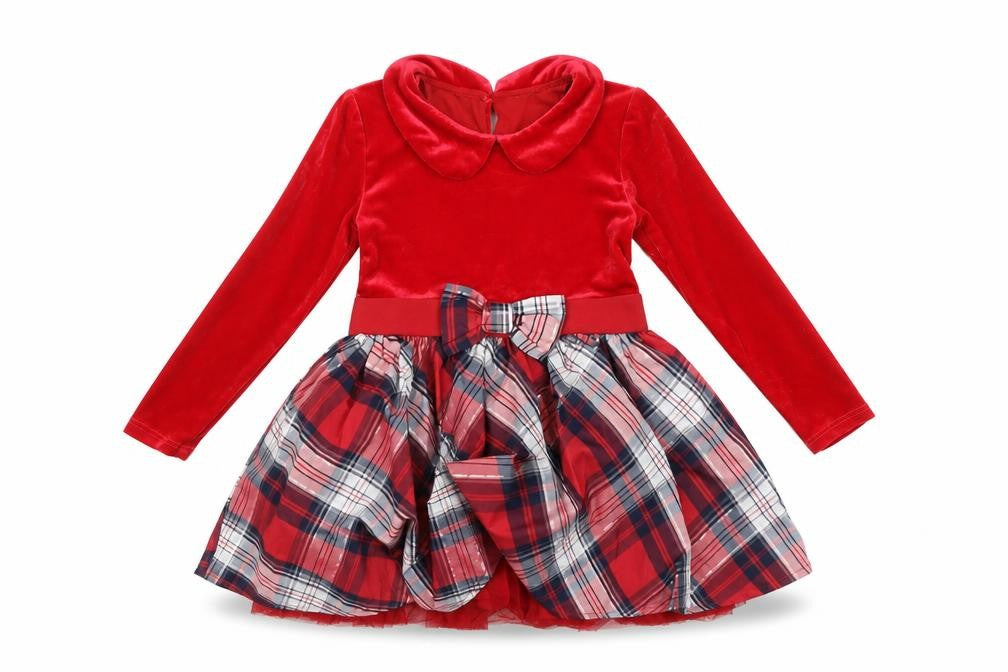 Dunnes Stores Girls Red Velvet Check Bow Fit & Flare Christmas Dress 18-24 Months