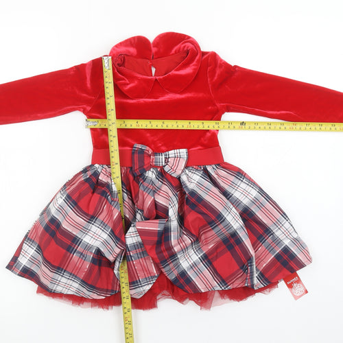 Dunnes Stores Girls Red Velvet Check Bow Fit & Flare Christmas Dress 18-24 Months