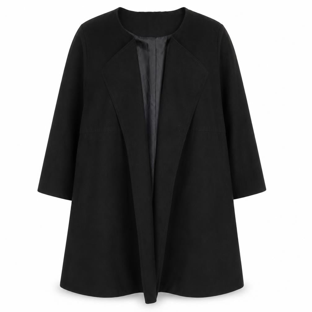 Front view of H&M Women Black Mid-Length Open Front Coat, size 12