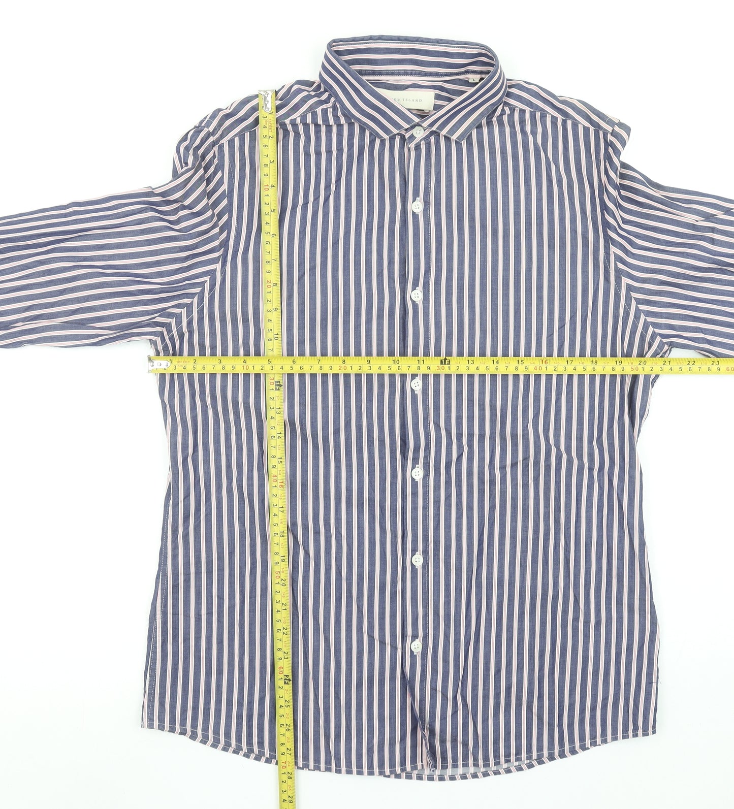 River Island Men's Blue Striped Cotton Long Sleeve Button-Up Shirt L