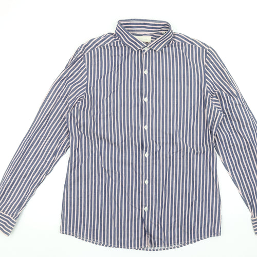 River Island Men's Blue Striped Cotton Long Sleeve Button-Up Shirt L
