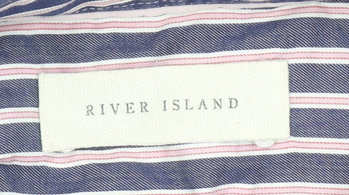River Island Men's Blue Striped Cotton Long Sleeve Button-Up Shirt L