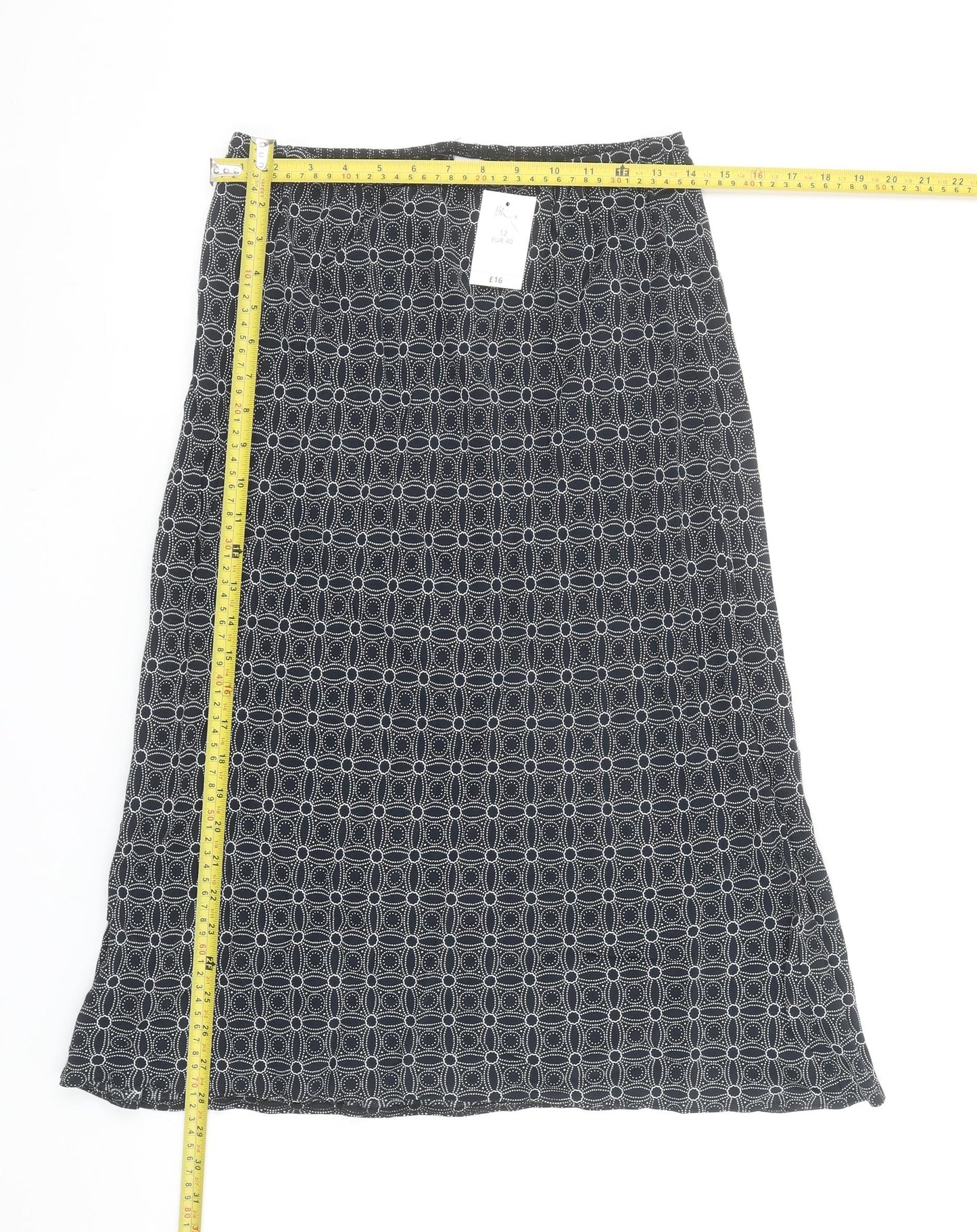BHS Women’s Black Geometric A-Line Midi Skirt Size 12