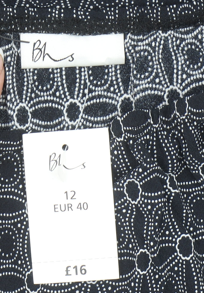 BHS Women’s Black Geometric A-Line Midi Skirt Size 12