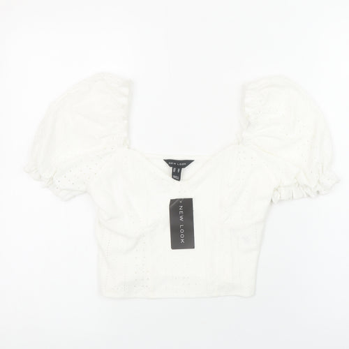 New Look Women's White Puff Sleeve Cropped Blouse Size 10