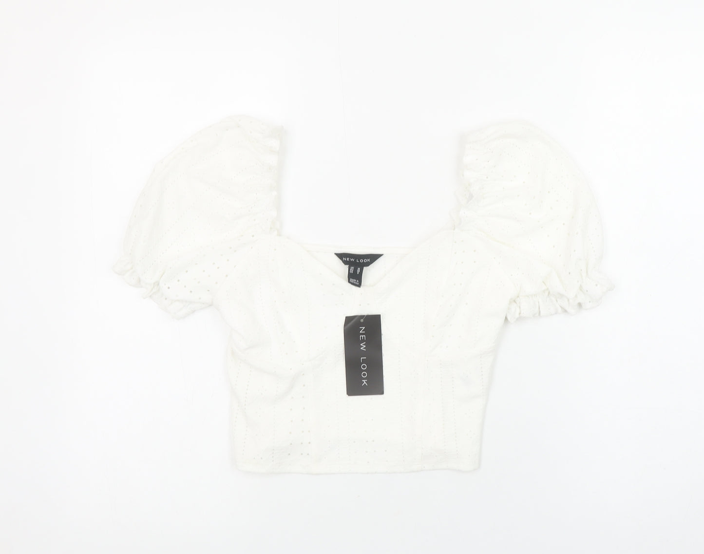 New Look Women's White Puff Sleeve Cropped Blouse Size 10