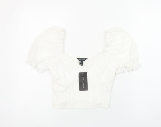 New Look Women's White Puff Sleeve Cropped Blouse Size 10