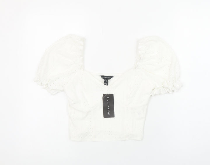New Look Women's White Puff Sleeve Cropped Blouse Size 10