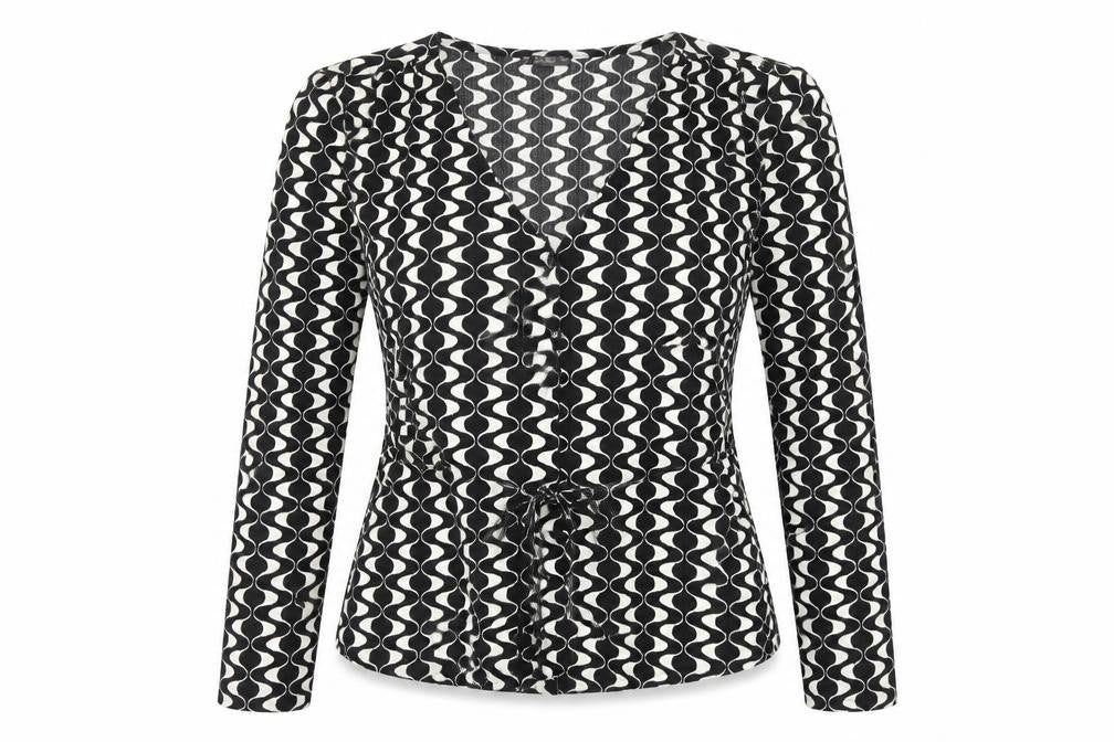 Front view of Dunnes women’s black geometric wrap blouse, size L