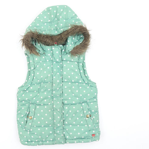 Mini Boden Girls Green Polka Dot Hooded Puffer Gilet 5-6 Years