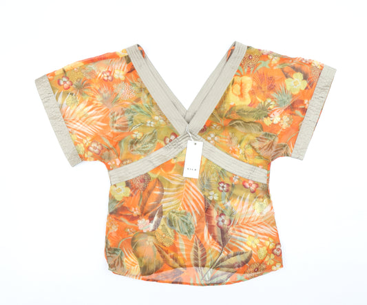 Vila Women’s Orange Floral Wrap Blouse L Lightweight Chiffon Summer Top