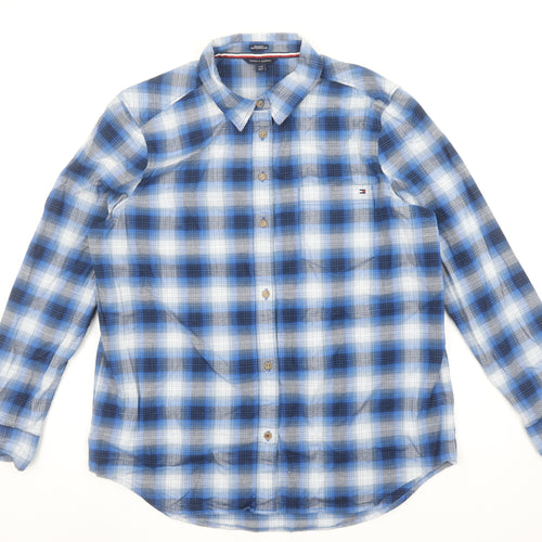 Tommy Hilfiger Women Blue Check Button-Up Shirt Size L Relaxed Fit Cotton Blend