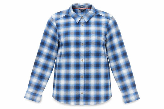 Front view of Tommy Hilfiger Women Blue Check Button-Up Shirt, size L, Relaxed Fit Cotton Blend