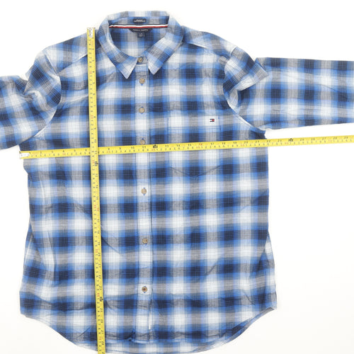 Tommy Hilfiger Women Blue Check Button-Up Shirt Size L Relaxed Fit Cotton Blend
