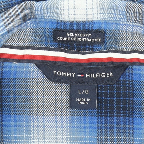Tommy Hilfiger Women Blue Check Button-Up Shirt Size L Relaxed Fit Cotton Blend