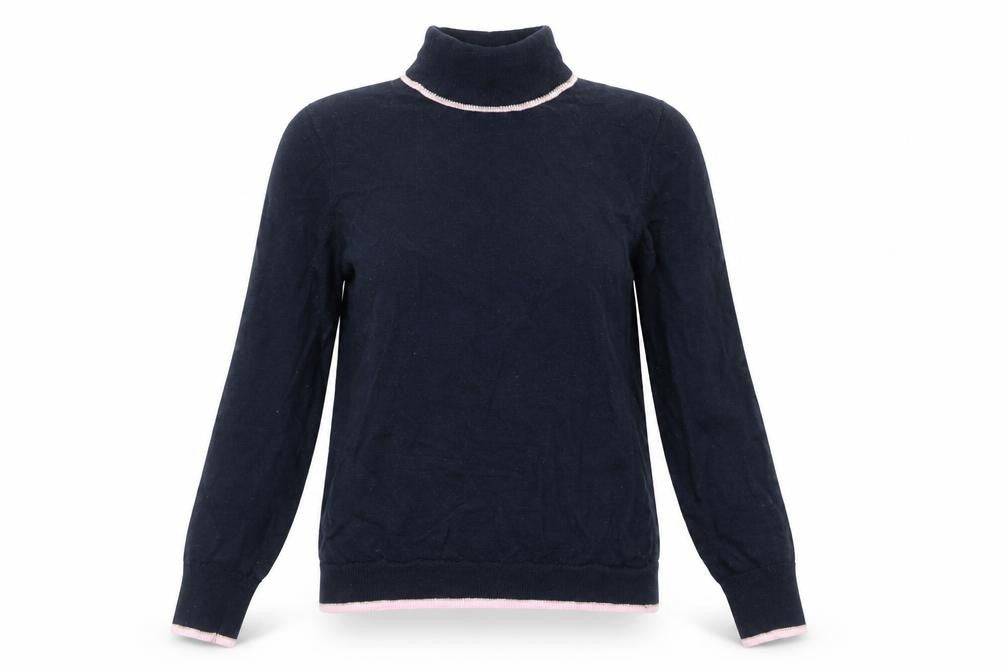 Front view of Cath Kidston women’s navy blue roll neck wool jumper, size S
