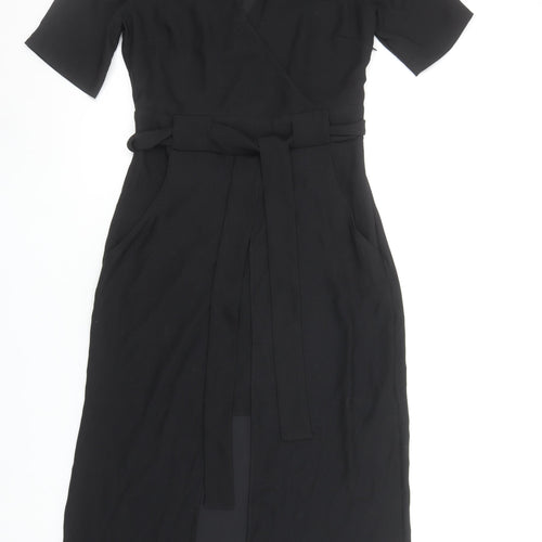 River Island Women's Black Midi Wrap Belted Dress Size 8