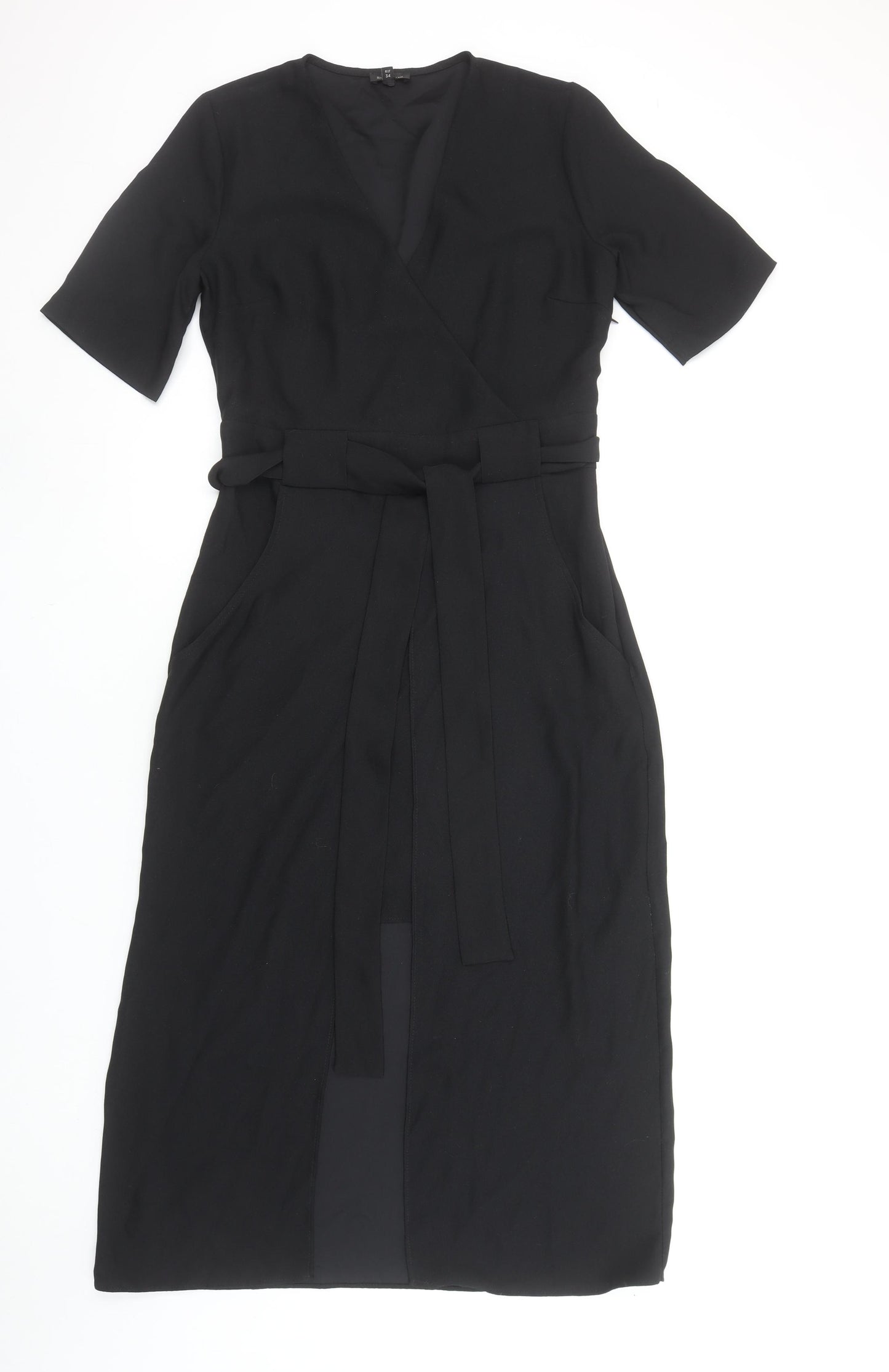 River Island Women's Black Midi Wrap Belted Dress Size 8