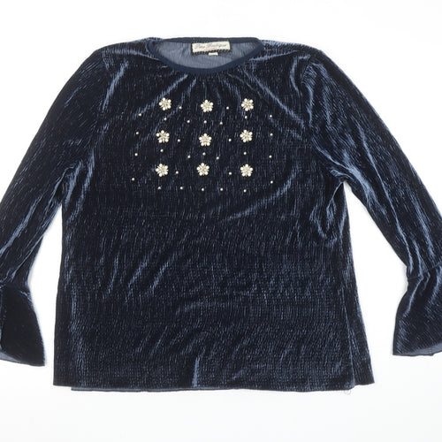 Paco Boutique Women Blue Velvet Beaded Bell Sleeve Tunic Blouse Size 14