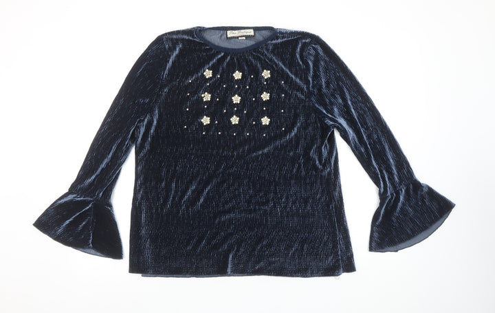 Paco Boutique Women Blue Velvet Beaded Bell Sleeve Tunic Blouse Size 14