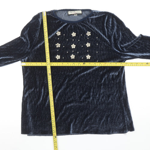 Paco Boutique Women Blue Velvet Beaded Bell Sleeve Tunic Blouse Size 14