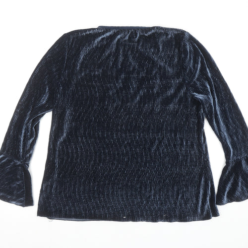 Paco Boutique Women Blue Velvet Beaded Bell Sleeve Tunic Blouse Size 14
