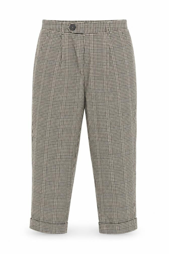 Front view of Stradivarius women’s beige check tapered trousers, size S