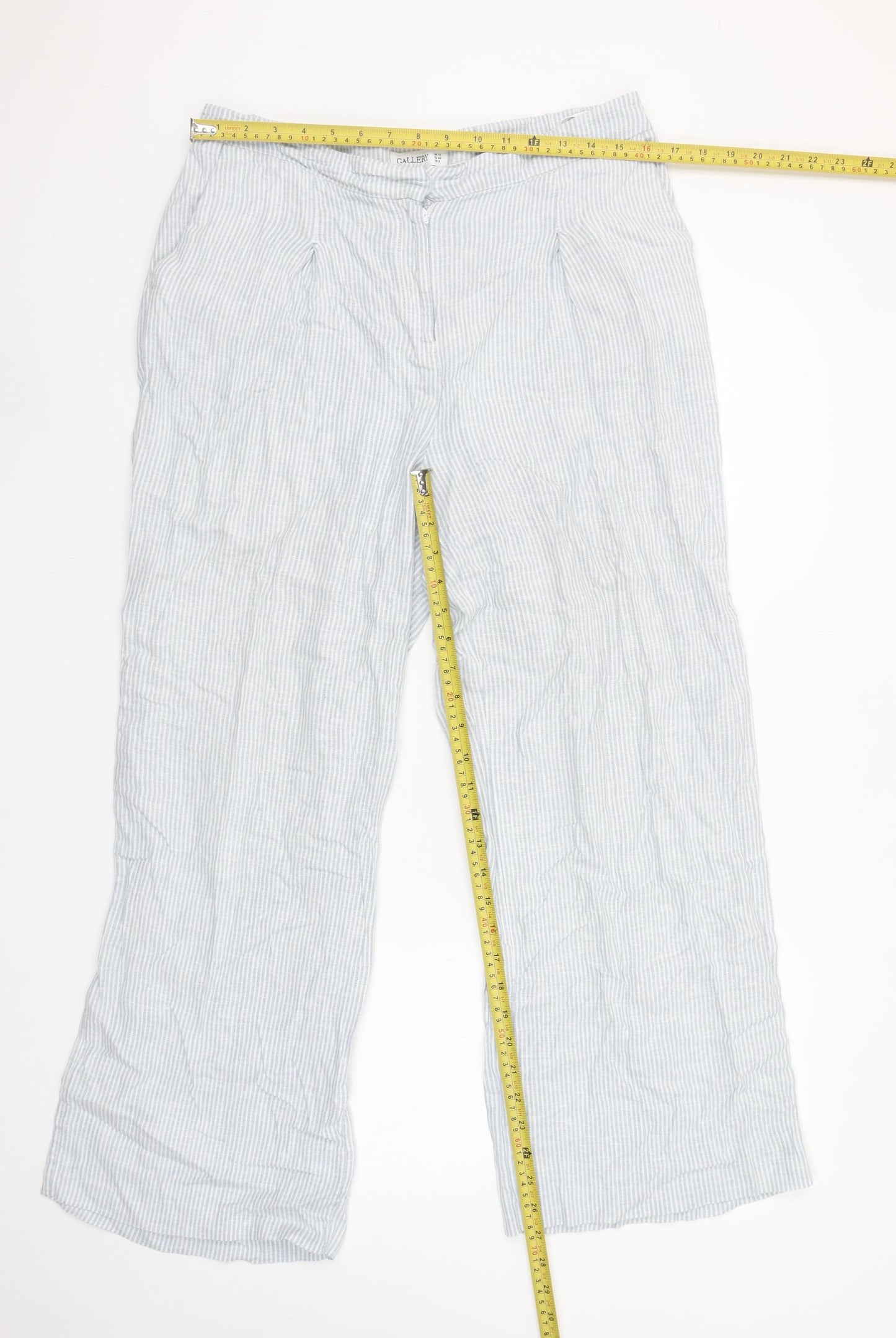 Gallery Womens Blue Striped Linen Blend Trousers Size 12