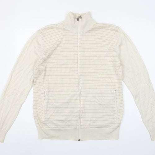 Puma Men Beige Striped Full Zip High Neck Cotton Jumper L