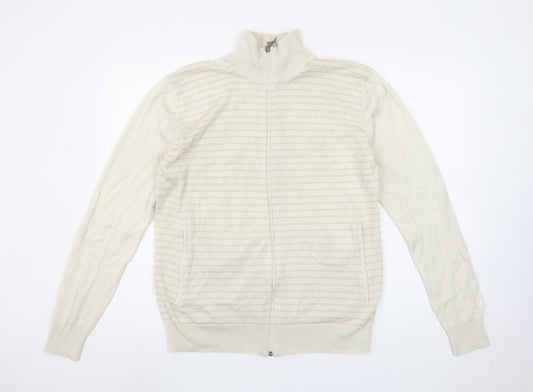 Puma Men Beige Striped Full Zip High Neck Cotton Jumper L