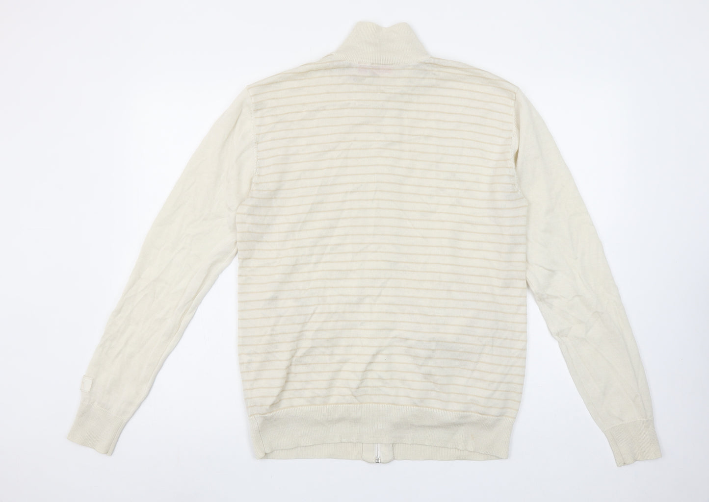 Puma Men Beige Striped Full Zip High Neck Cotton Jumper L