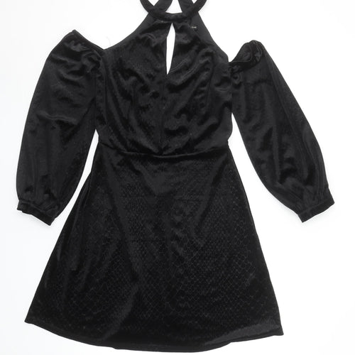 River Island Women’s Black Velvet Cold Shoulder A-Line Halter Dress Size 8
