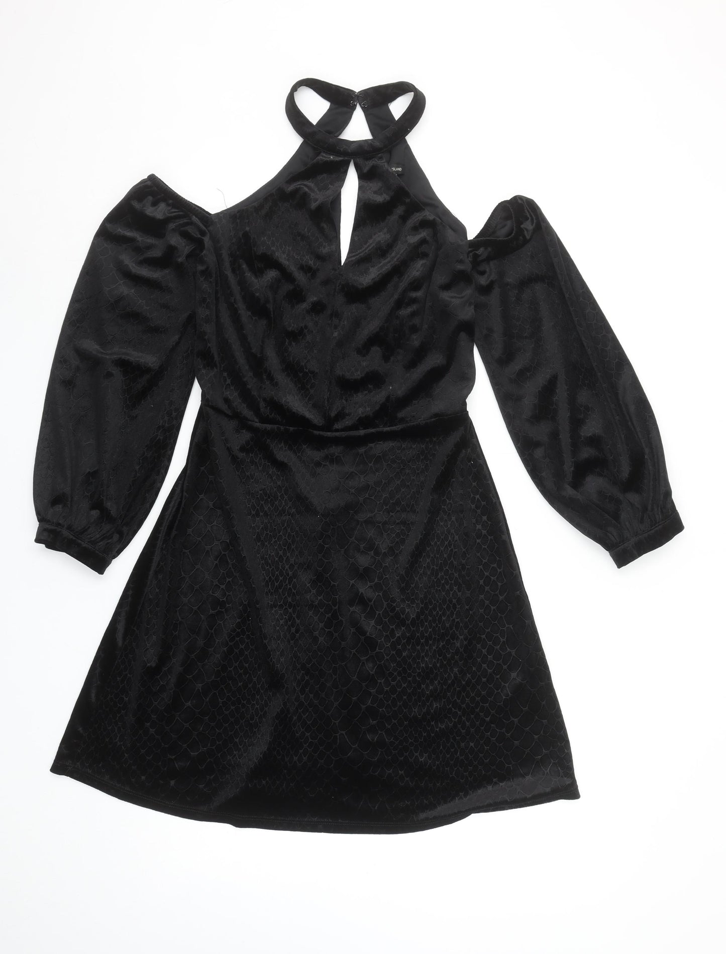 River Island Women’s Black Velvet Cold Shoulder A-Line Halter Dress Size 8