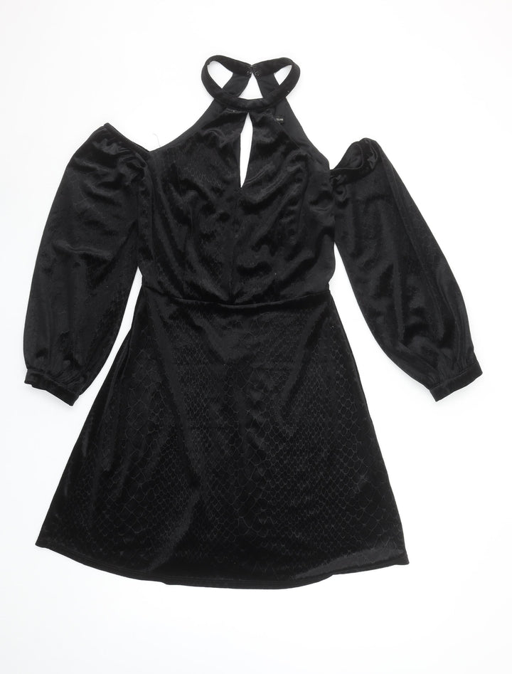 River Island Women’s Black Velvet Cold Shoulder A-Line Halter Dress Size 8