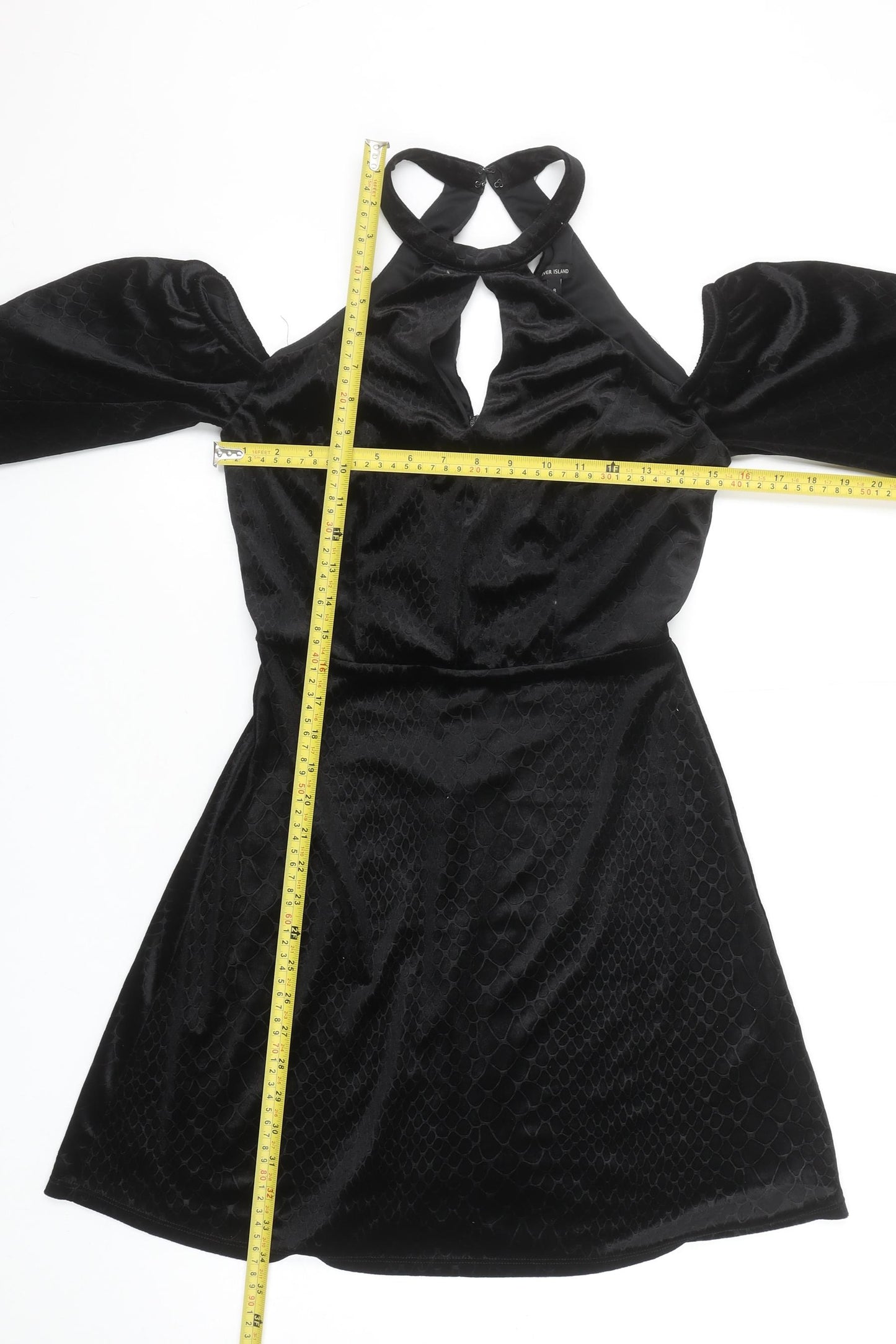 River Island Women’s Black Velvet Cold Shoulder A-Line Halter Dress Size 8