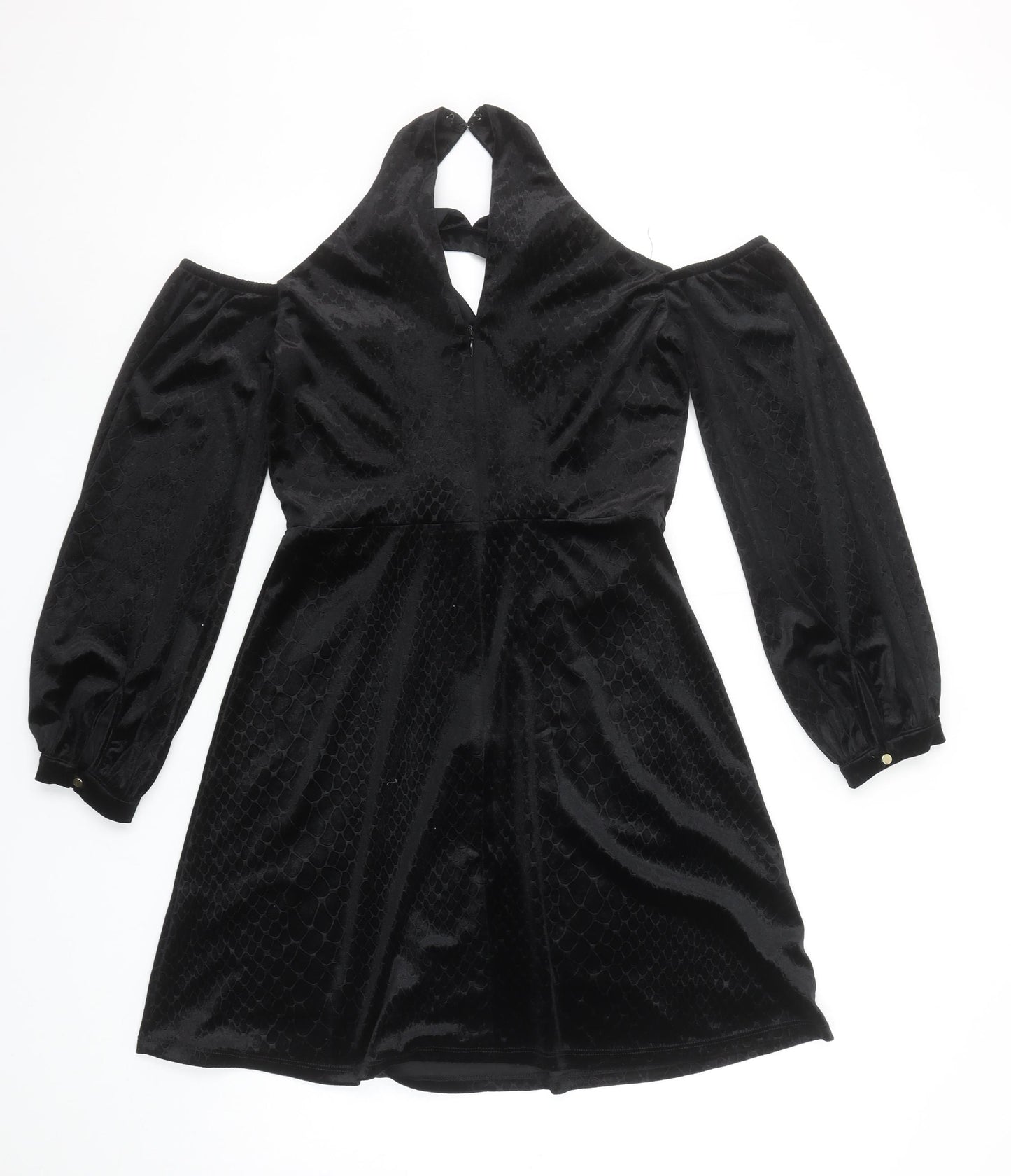 River Island Women’s Black Velvet Cold Shoulder A-Line Halter Dress Size 8