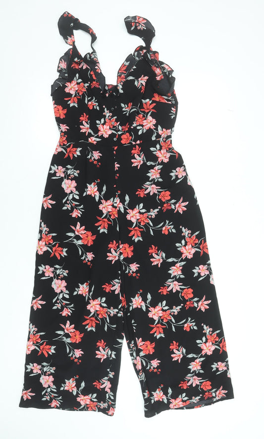 H&M Divided Womens Black Floral Jumpsuit Size 12 Sleeveless Wide-Leg