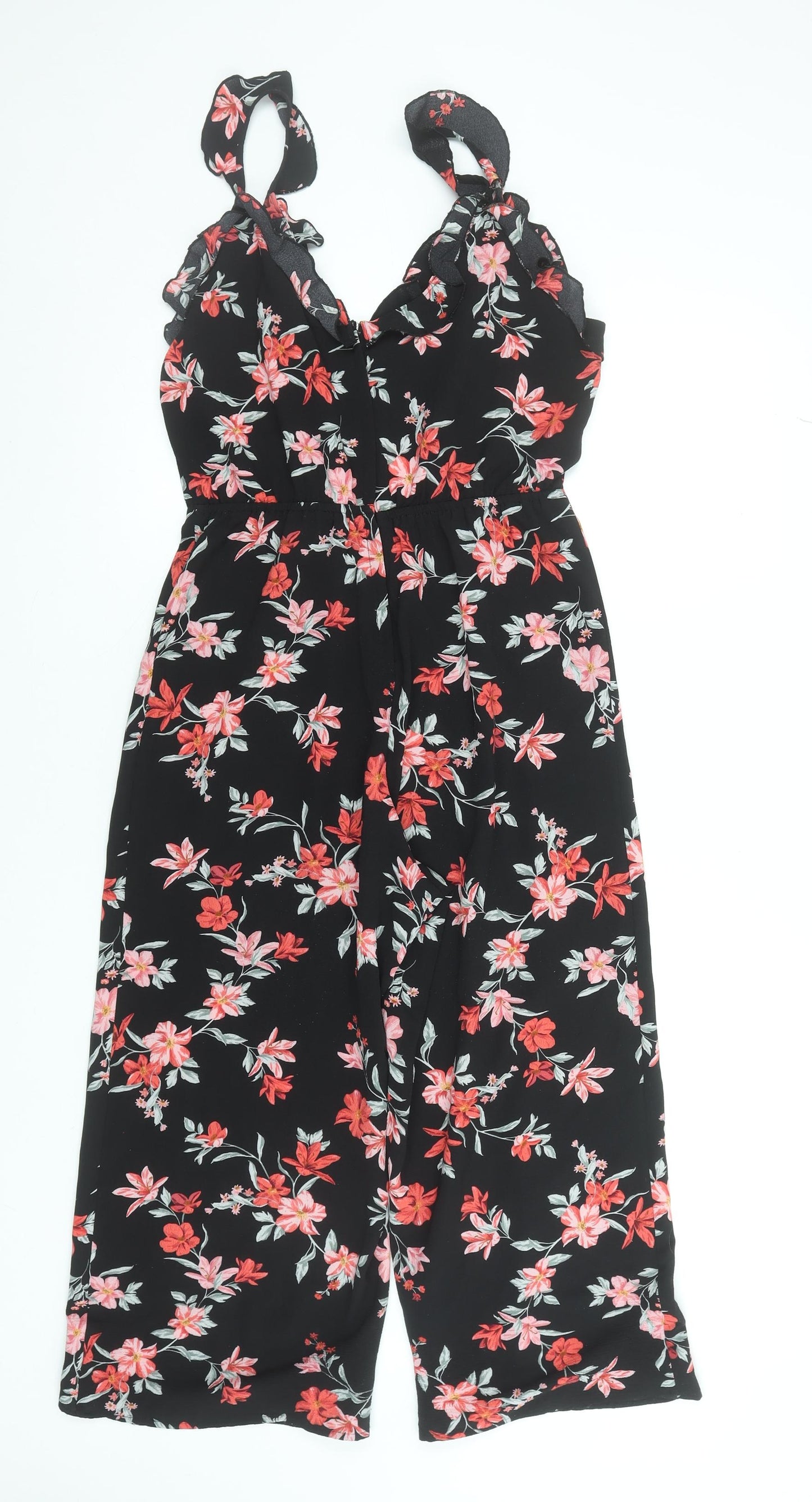 H&M Divided Womens Black Floral Jumpsuit Size 12 Sleeveless Wide-Leg