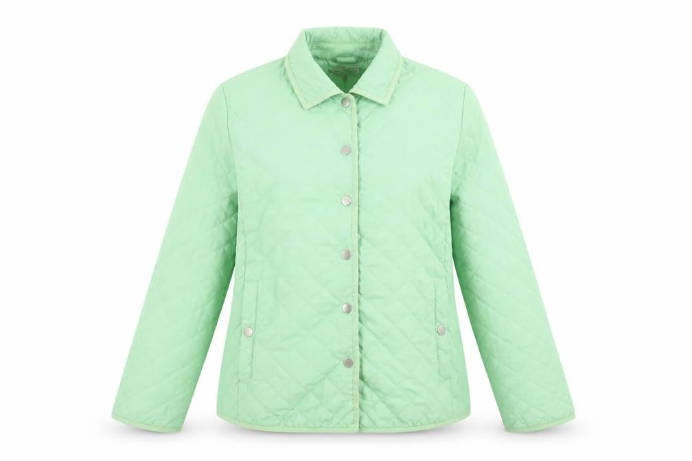 Front view of Clodagh Gallagher Women's Green Quilted Mid-Length Jacket, size 14