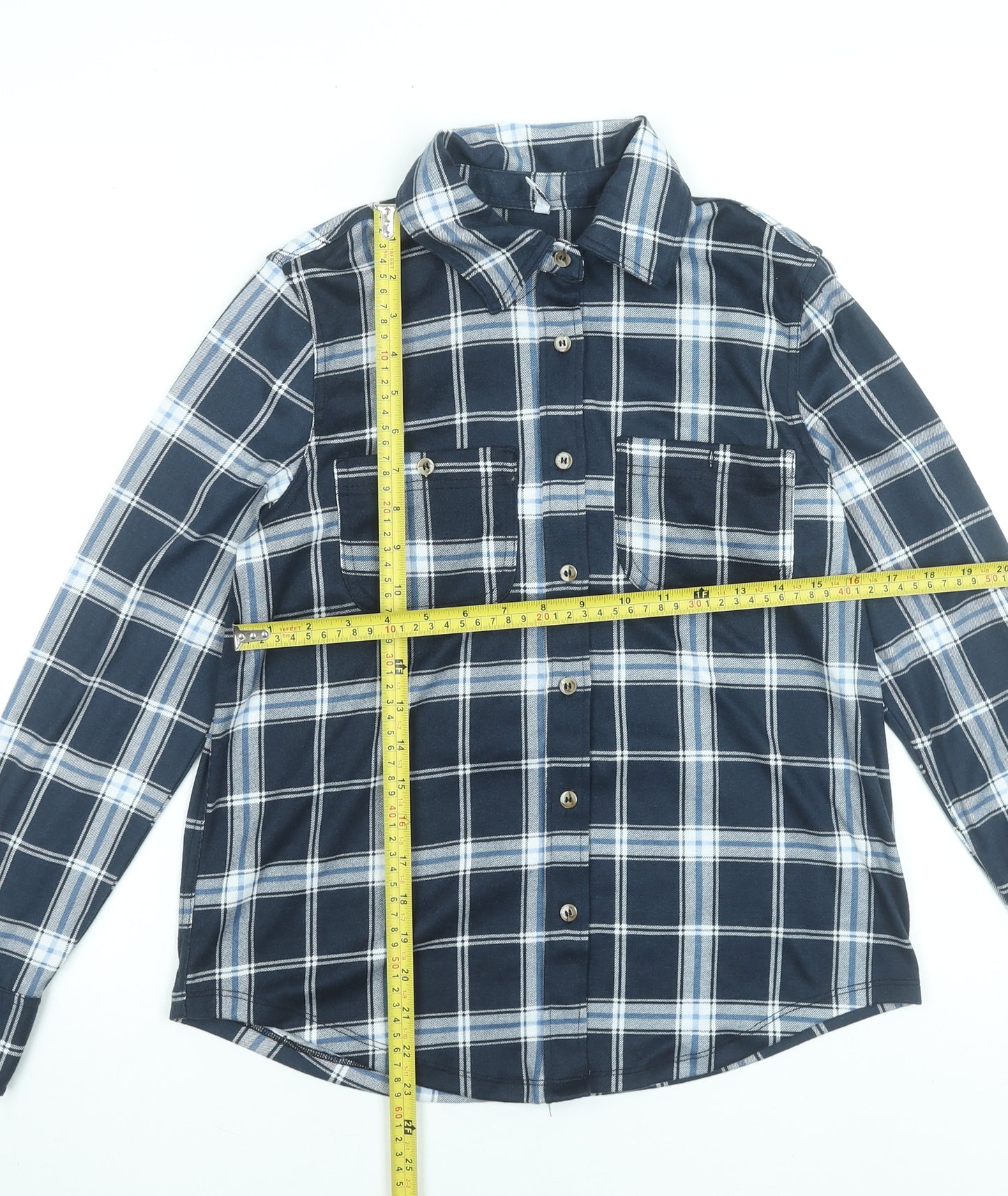 Hailys Women's Navy Check Button-Up Shirt Long Sleeve Size S