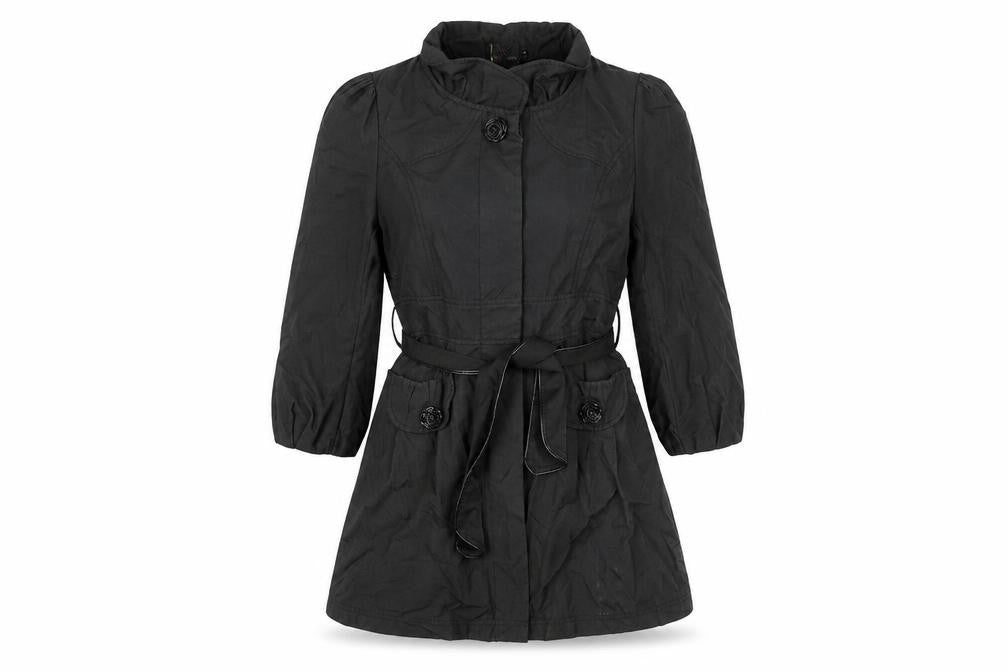 Front view of Yumi Women's Black Belted Mid-Length Trench Coat, size M