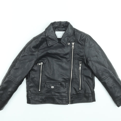 Zara Girls Black Faux Leather Biker Jacket 6 Years Lined Zip Pockets