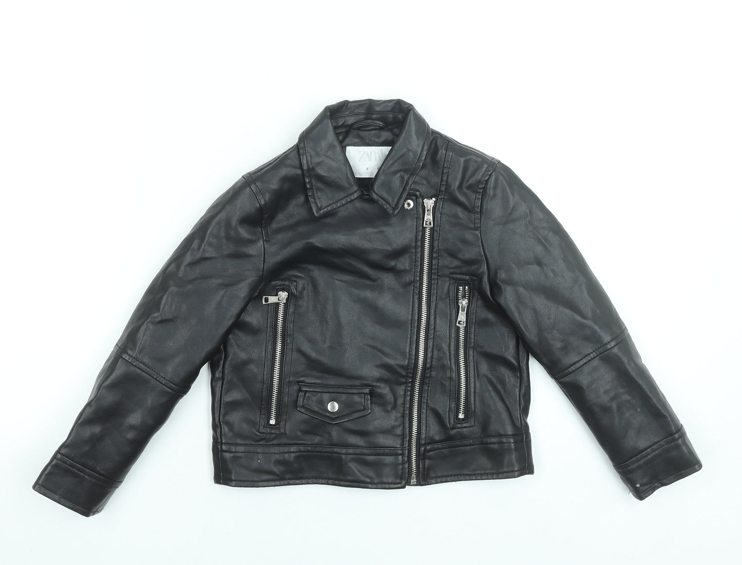 Zara Girls Black Faux Leather Biker Jacket 6 Years Lined Zip Pockets