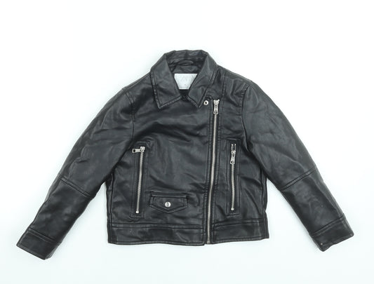 Zara Girls Black Faux Leather Biker Jacket 6 Years Lined Zip Pockets