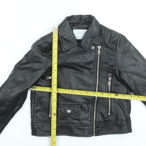 Zara Girls Black Faux Leather Biker Jacket 6 Years Lined Zip Pockets