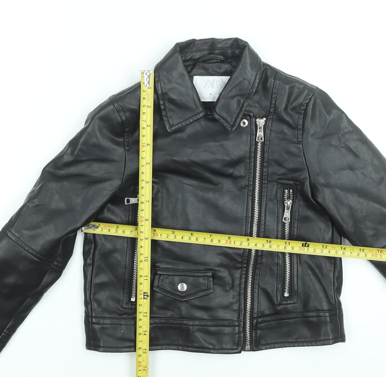 Zara Girls Black Faux Leather Biker Jacket 6 Years Lined Zip Pockets